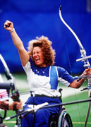 Paola Fantato of Italy celebrates during the Woman's Individual Archery at the 2000 Paralympic Games. © Adam Pretty/Allsport